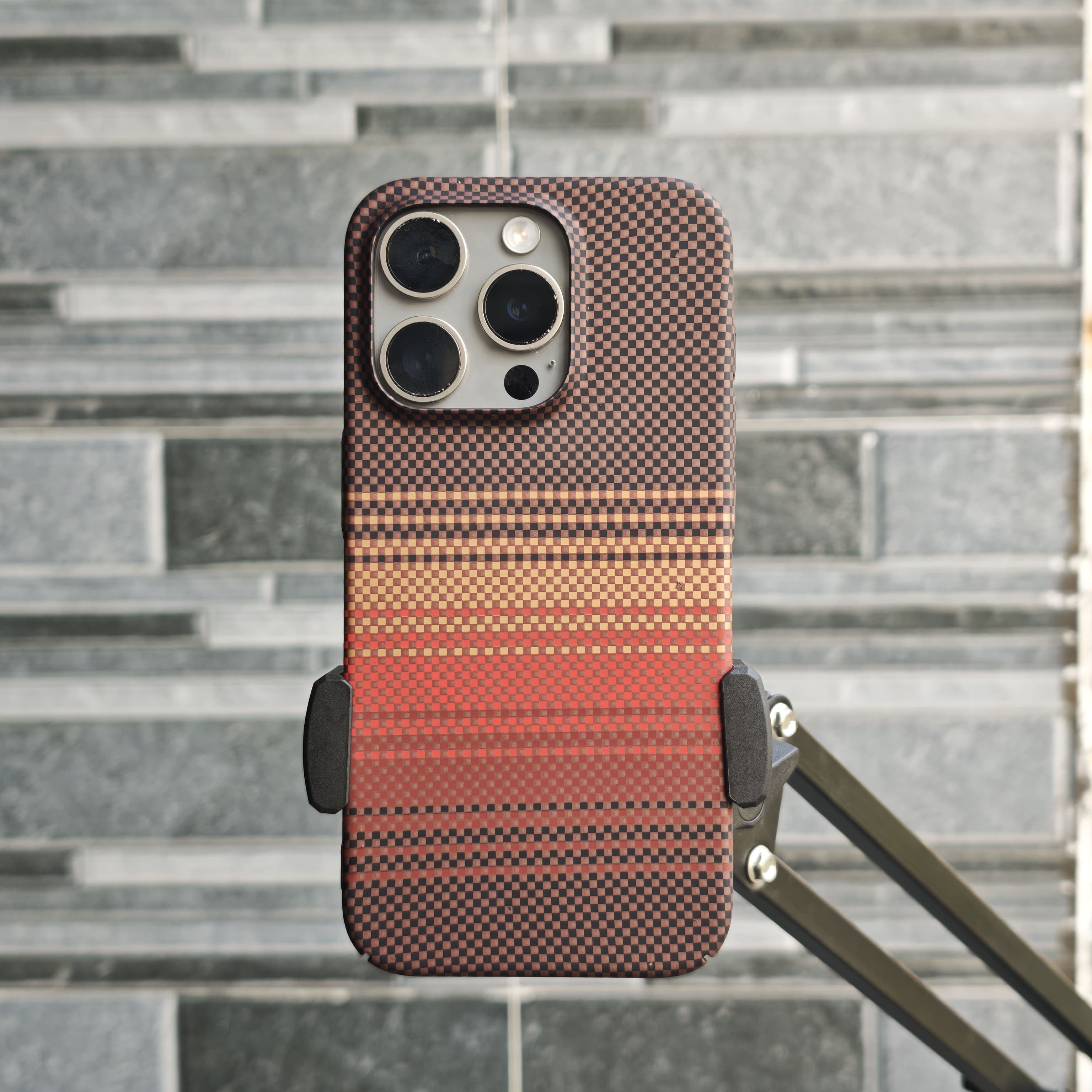 Luxury slim hard PC case with carbon fiber textured finish updated - Sunset Orange - iPhone 15 Pro Max