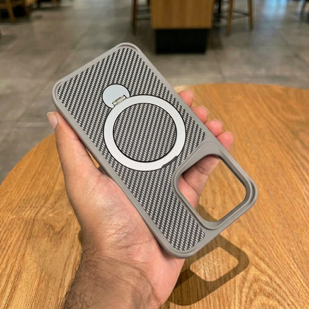 360° Rotating Stand Carbon Fiber Magnetic Case - Grey - iPhone 15 Pro