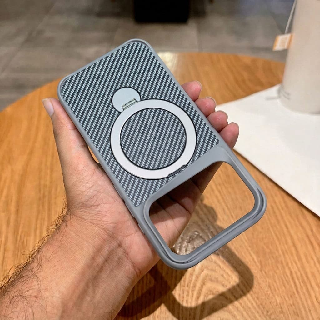 360° Rotating Stand Carbon Fiber Magnetic Case - Grey - iPhone 17 Pro Max